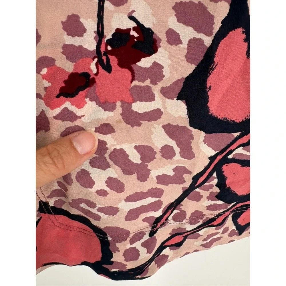 Tory Burch Tunic Womens 4‎ Pink Leopard Floral Silk Long Sleeve V-Neck Blouse